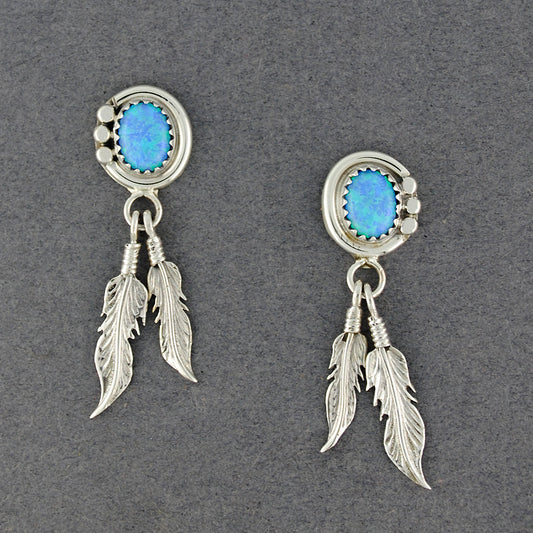 Sterling Silver Blue Opal Post With Feathers Earrings