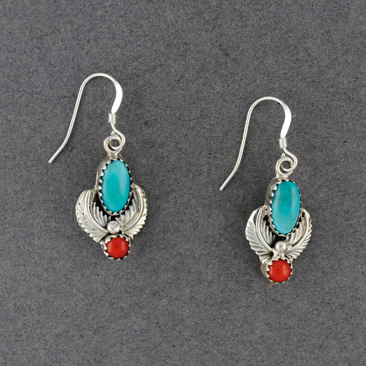 Sterling Silver Turquoise And Coral With Feathers Earrings