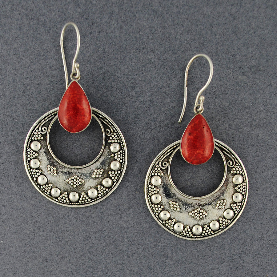 Coral Teardrop With Silver Circle Earrings