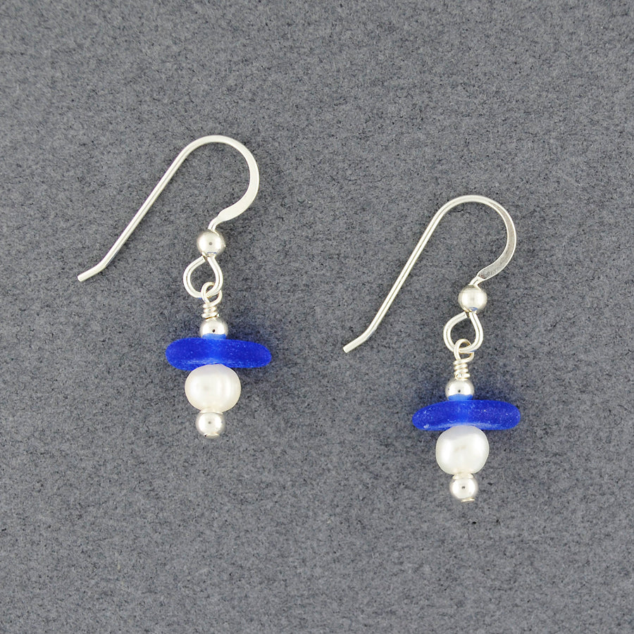 Sterling Silver Cobalt Sea Glass and Pearl Earrings