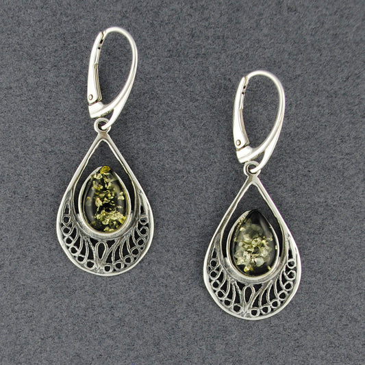 Green Amber Scroll Teardrop Earrings