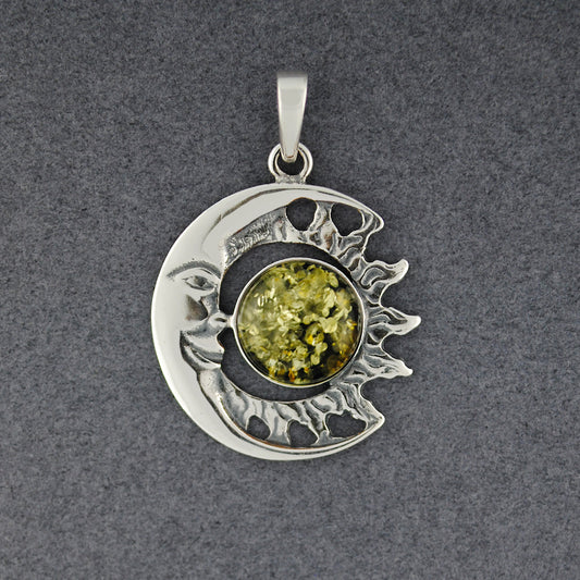 Cresent Moon And Green Amber Sun Pendant