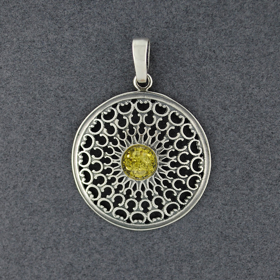 Green Amber Filigree Circle Pendant