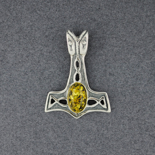 Green Amber Thor's Hammer Pendant