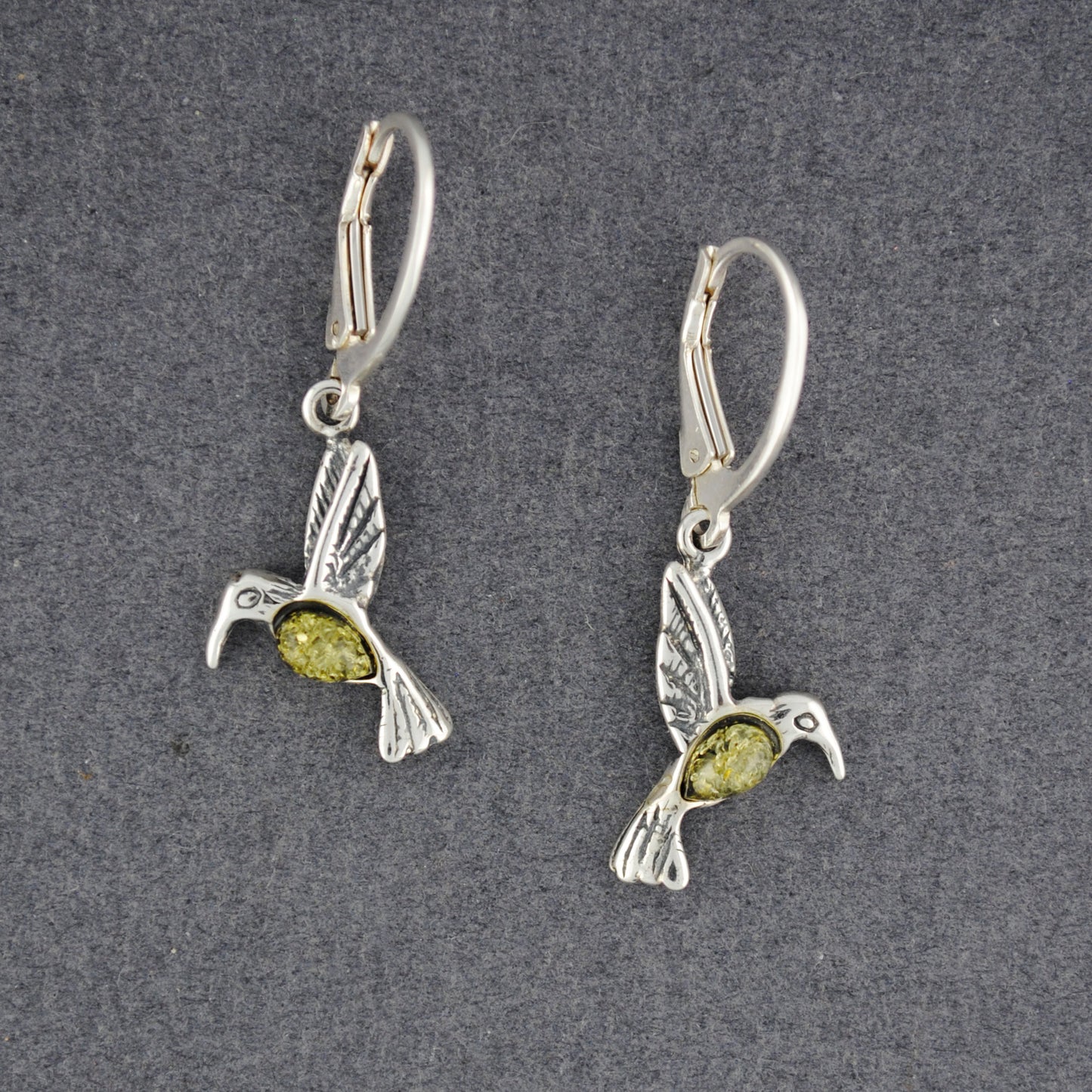 Green Amber Hummingbird Earrings