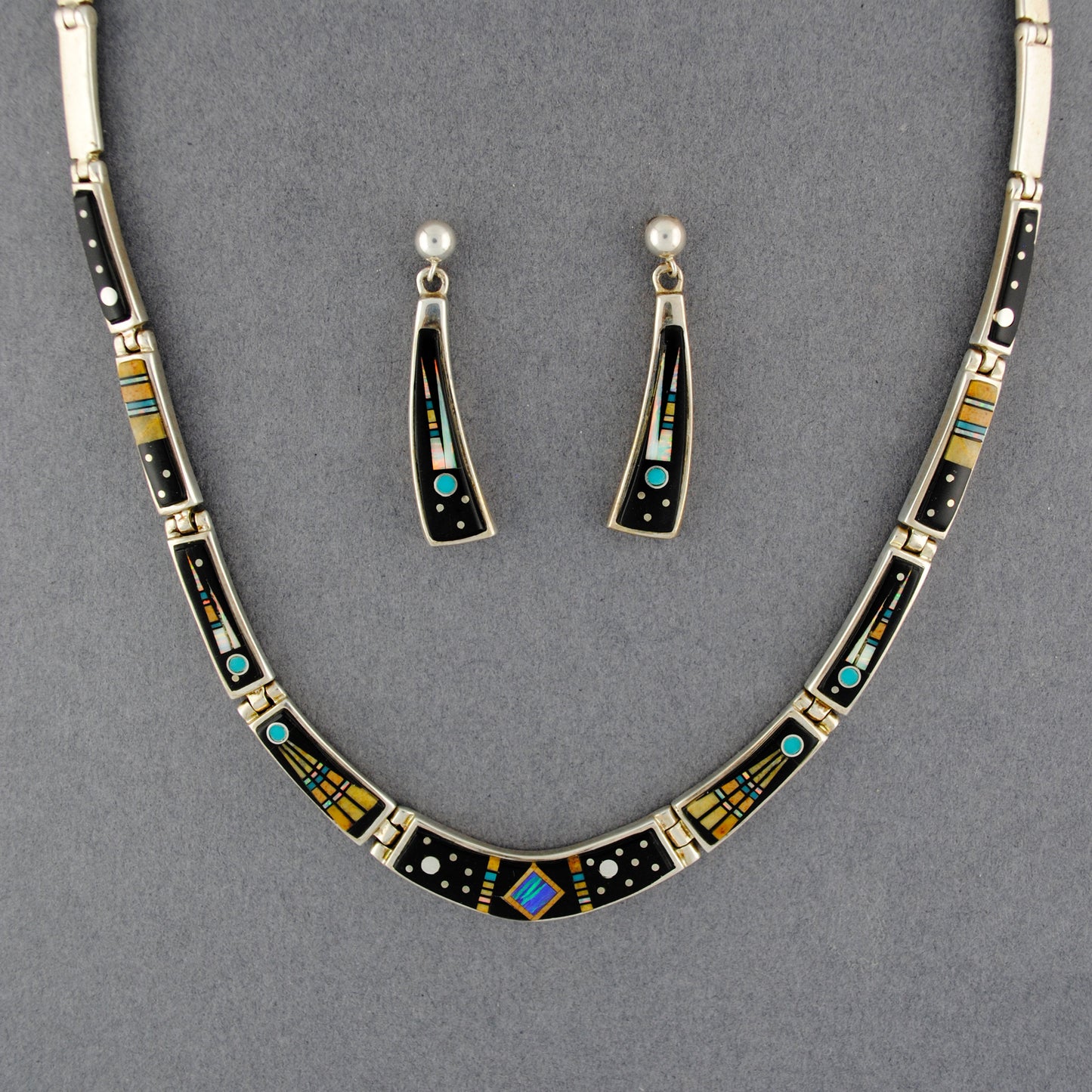 Navajo Onyx Opal & Turquoise Earring and Necklace Set