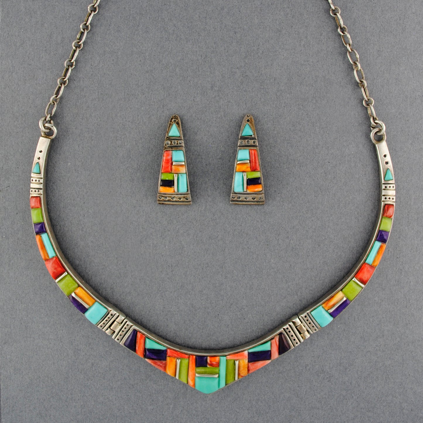 Native American Multi Stone Inlay Earring and Necklace Set