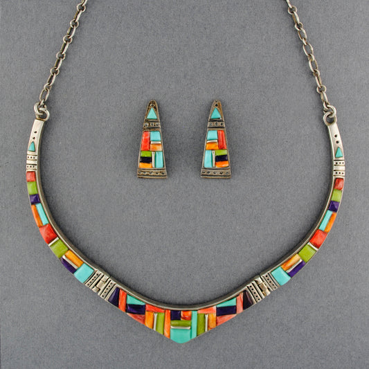 Native American Multi Stone Inlay Earring and Necklace Set