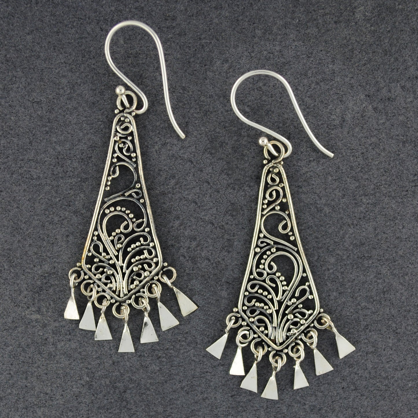 Sterling Silver Ornate Triangle Tassel Earrings