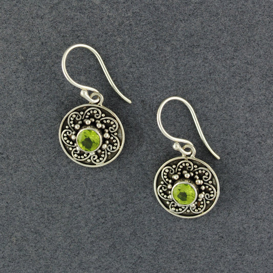 Peridot Antiqued Circle Earrings