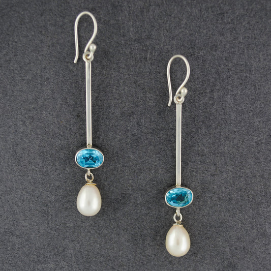 Blue Topaz & Pearl Long Dangle Earrings