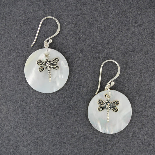 Mother of Pearl Small Circle with Dragonfly Earrings