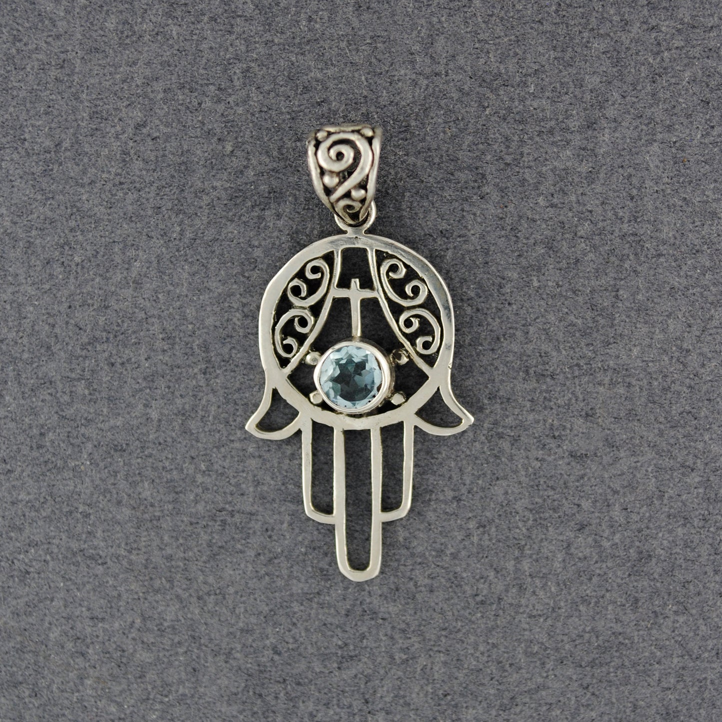Sterling Silver Hamsa with Blue Topaz Pendant