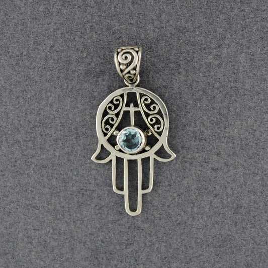 Sterling Silver Hamsa with Blue Topaz Pendant