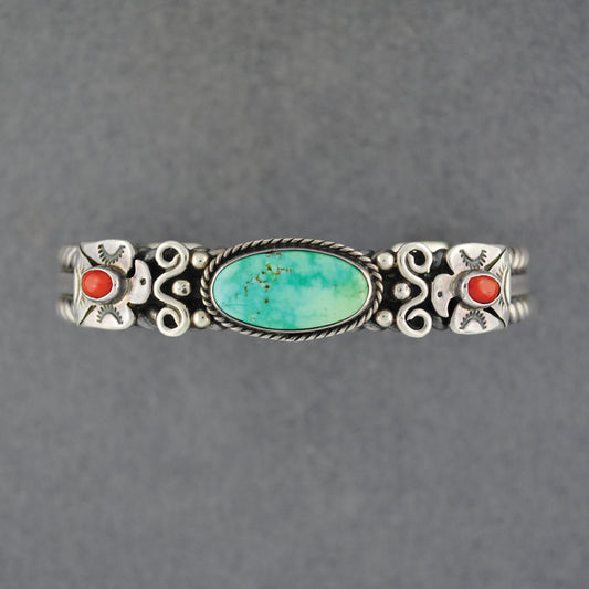 Thunderbird Turquoise & Coral Cuff Bracelet - Derrik Gordan - Navajo