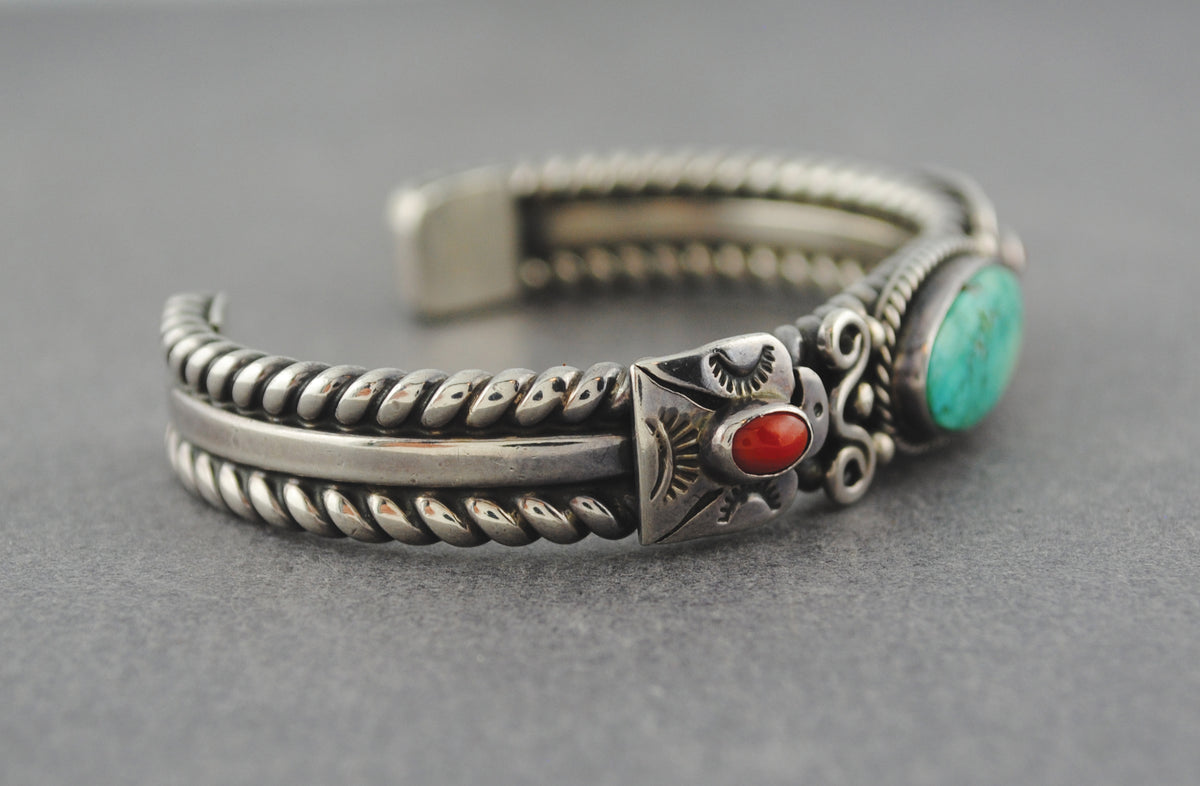 Thunderbird Turquoise & Coral Cuff Bracelet - Derrik Gordan - Navajo