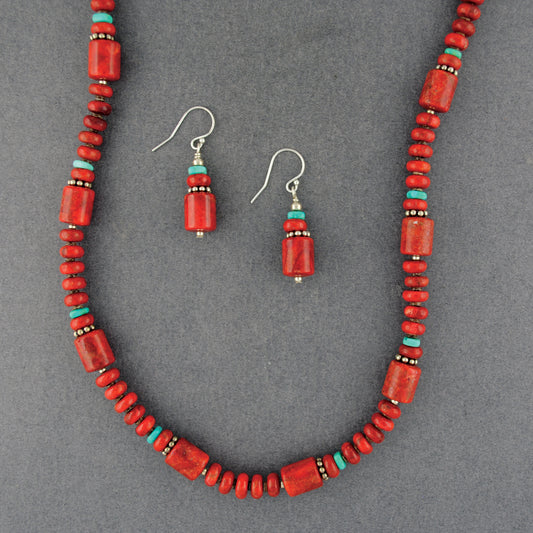 Navajo Coral & Turquoise Beaded Necklace & Earring Set