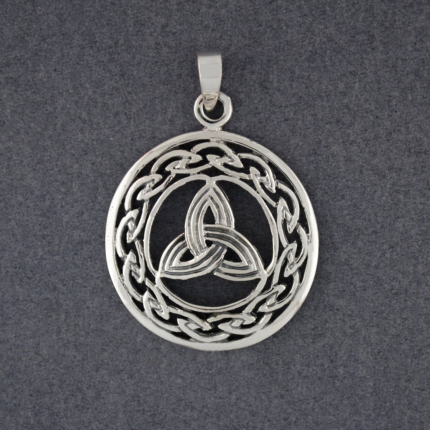 Sterling Silver Trinity Knot in Woven Circle Pendant