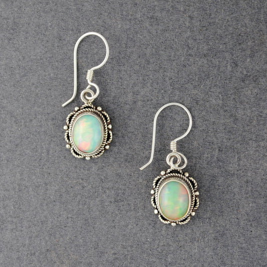 Sterling Silver Opal Ornate Oval Earrings