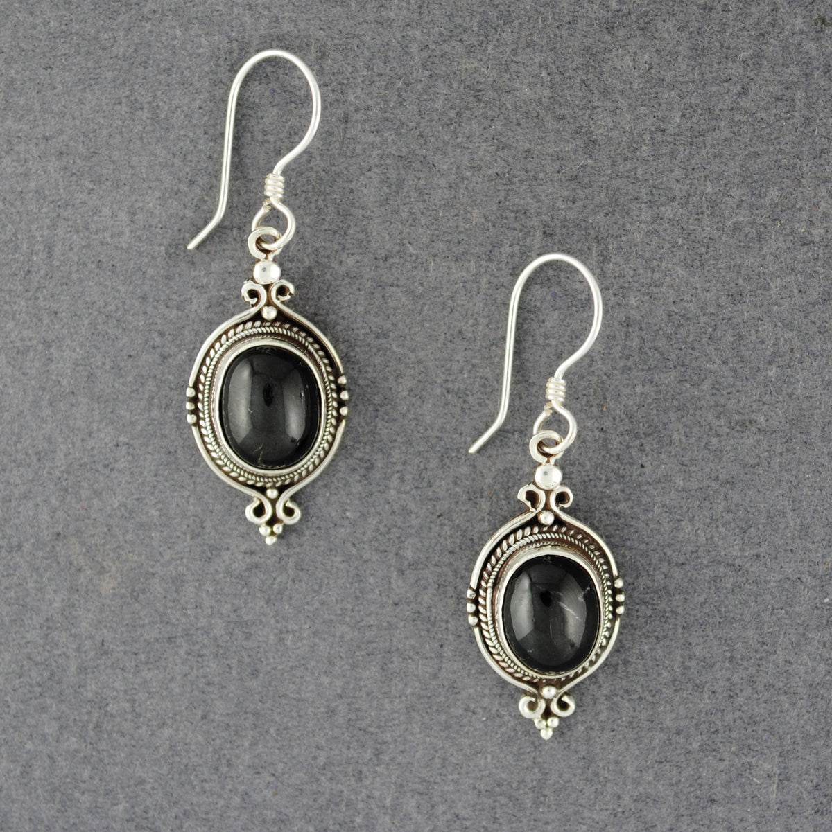 Sterling Silver Obsidian Ornate Oval Earrings