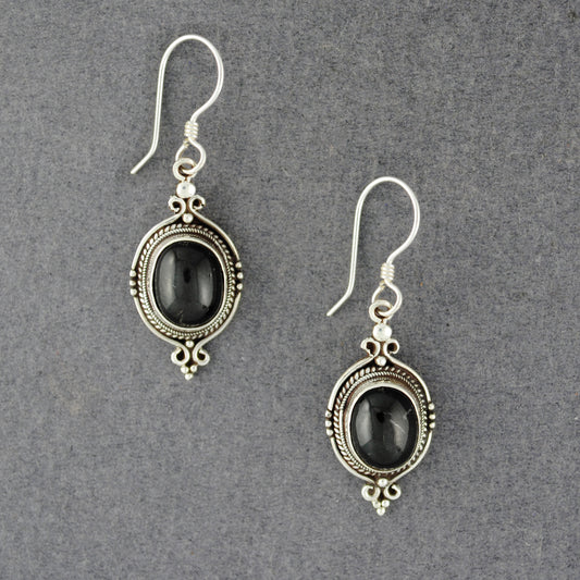 Sterling Silver Obsidian Ornate Oval Earrings