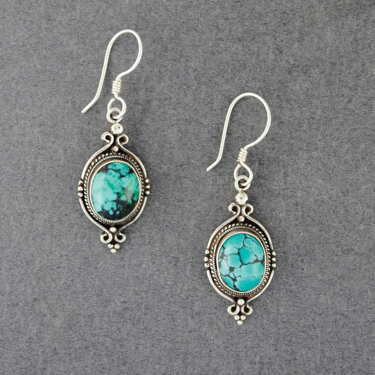 Sterling Silver Turquoise Ornate Oval Earrings