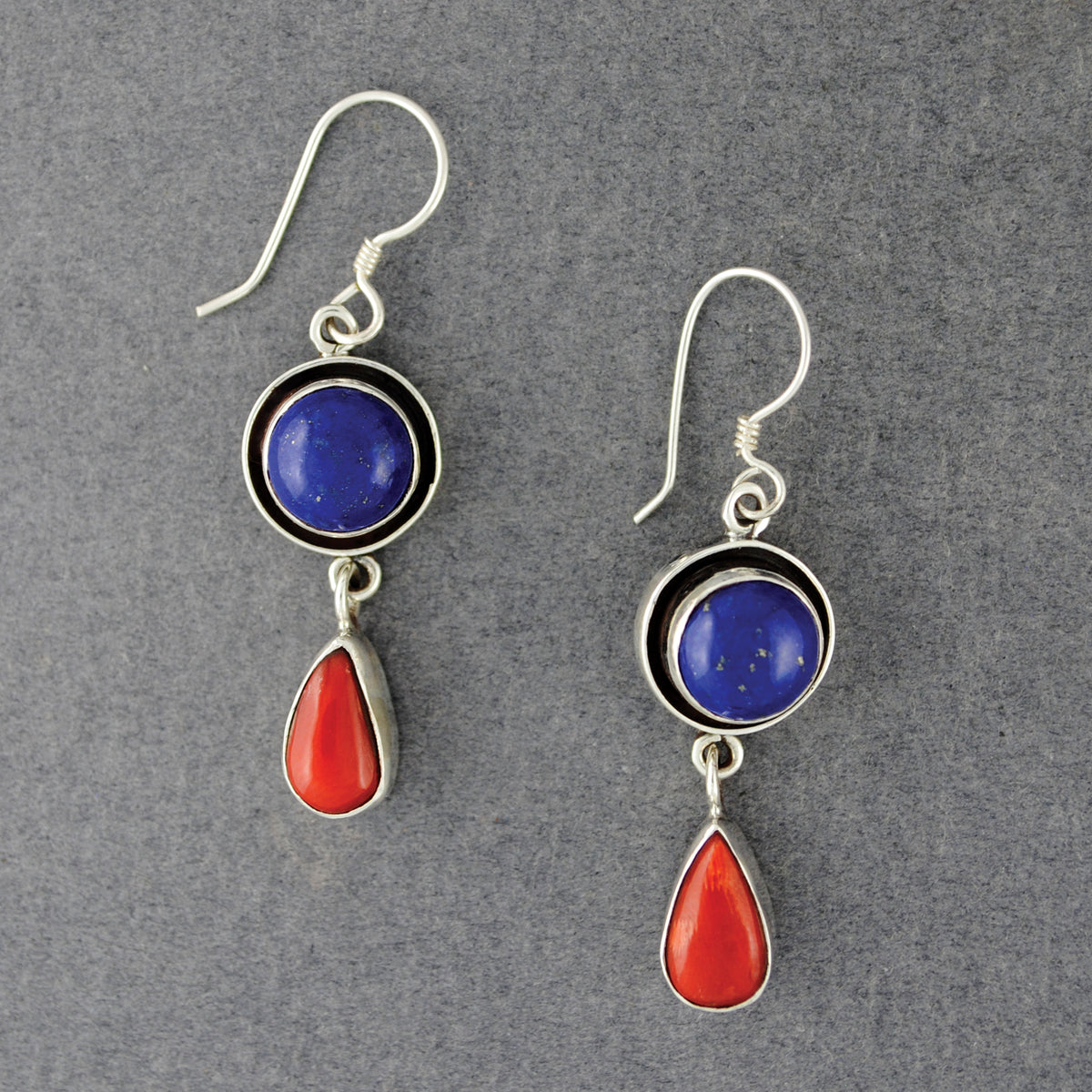Sterling Silver Lapis and Coral Dangle Earrings