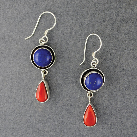Sterling Silver Lapis and Coral Dangle Earrings