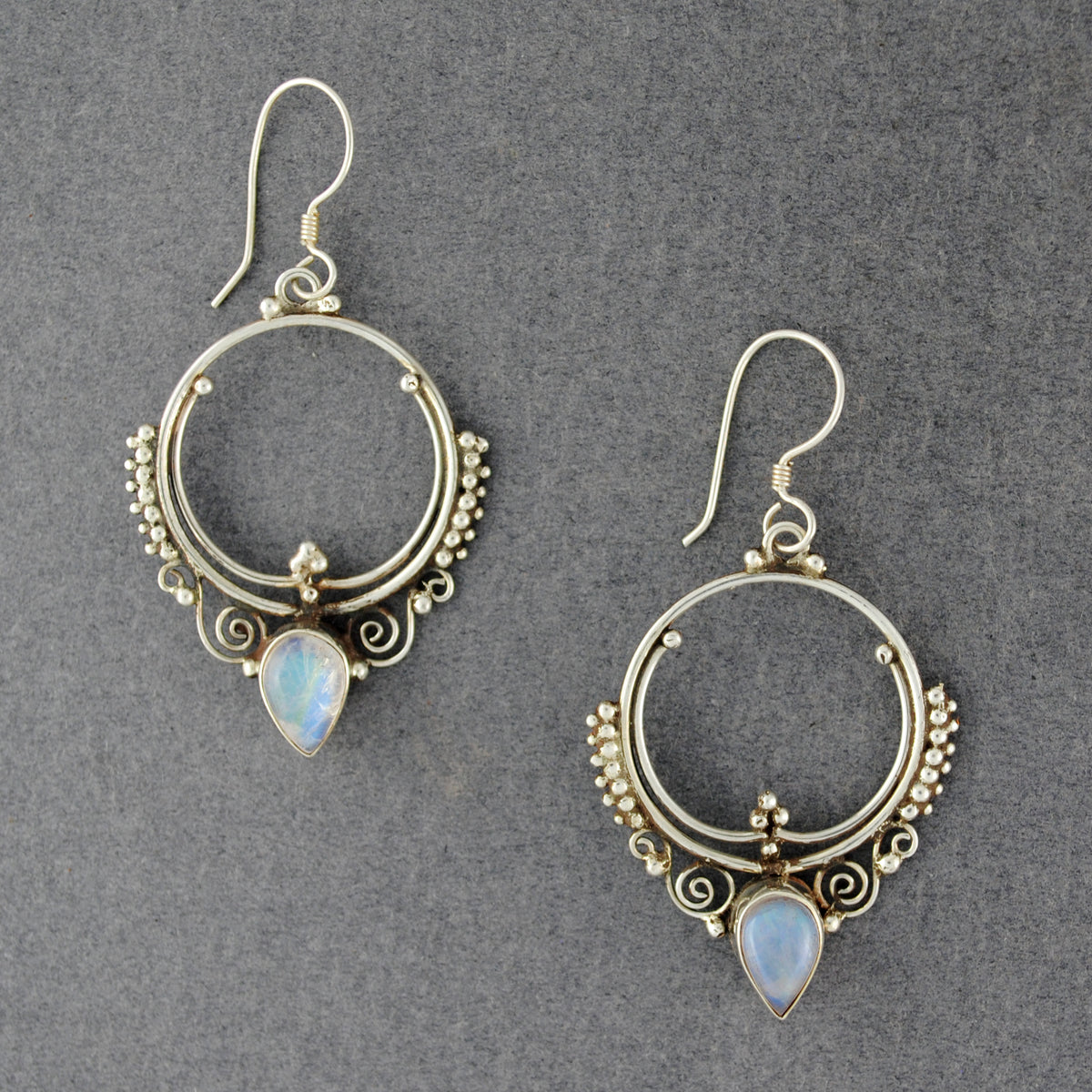 Sterling Silver Rainbow Moonstone Ornate Hoop Earrings