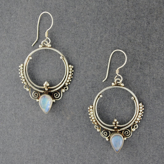 Sterling Silver Rainbow Moonstone Ornate Hoop Earrings