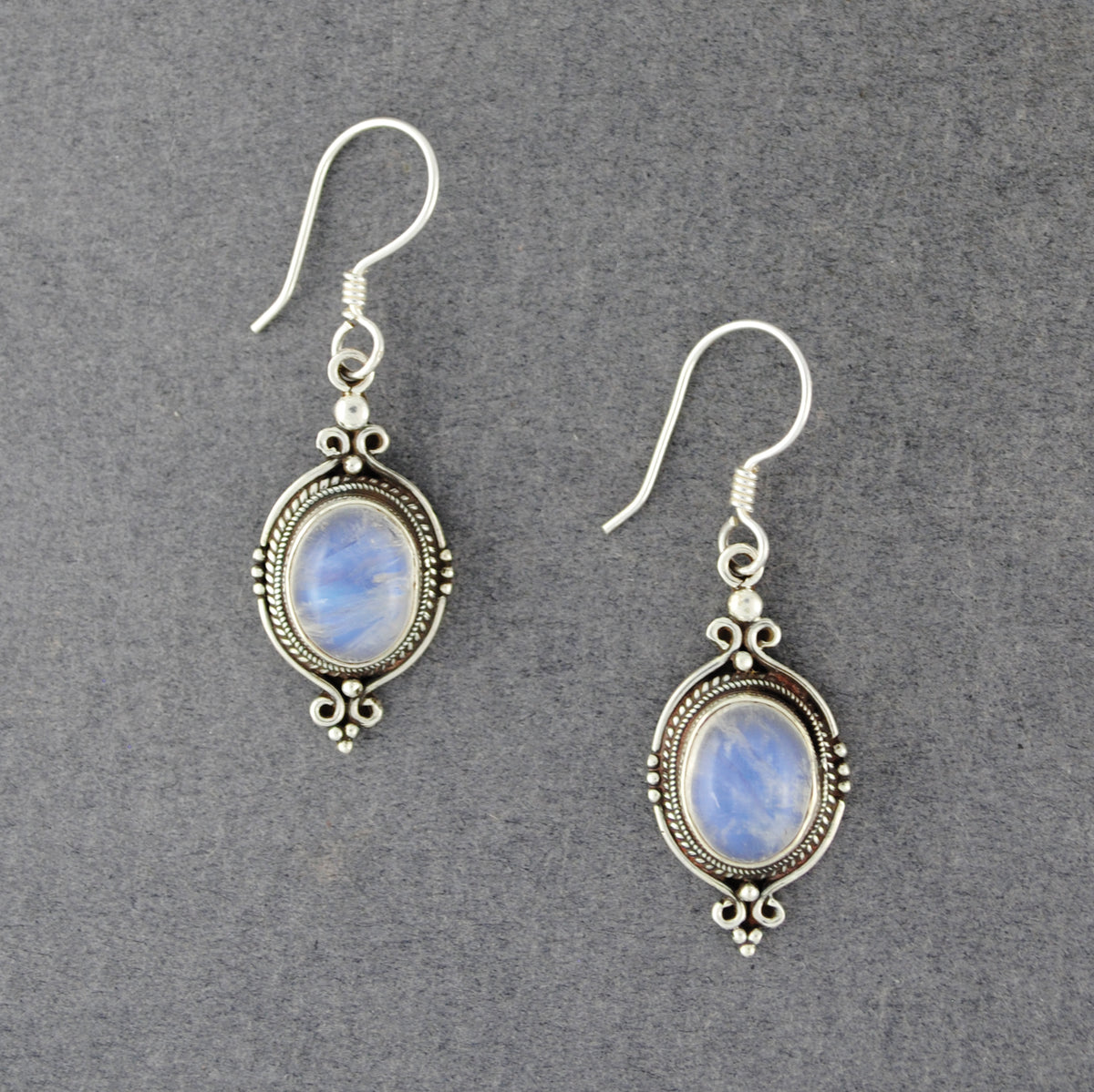 Sterling Silver Rainbow Moonstone Ornate Oval Earrings