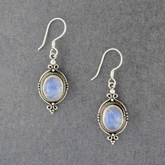 Sterling Silver Rainbow Moonstone Ornate Oval Earrings