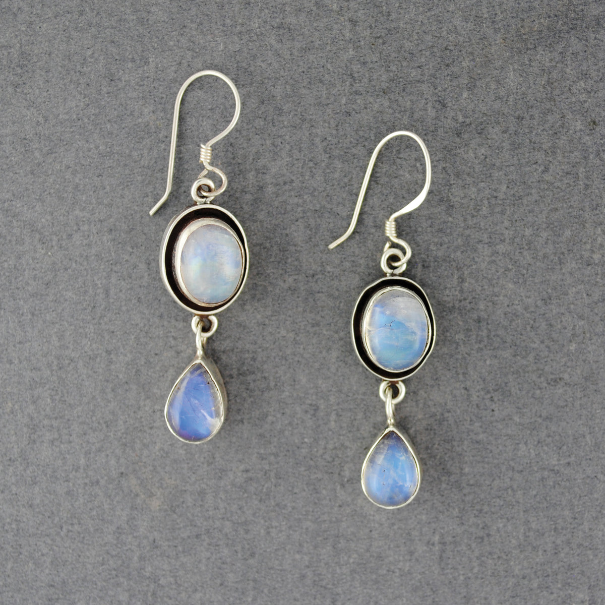 Sterling Silver Rainbow Moonstone Oval & Teardrop Earrings