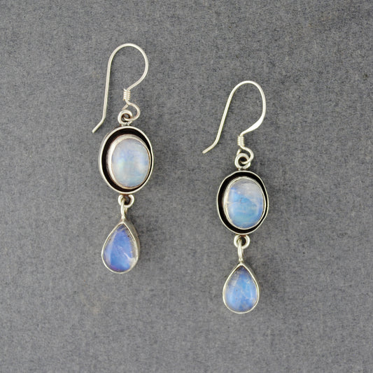 Sterling Silver Rainbow Moonstone Oval & Teardrop Earrings