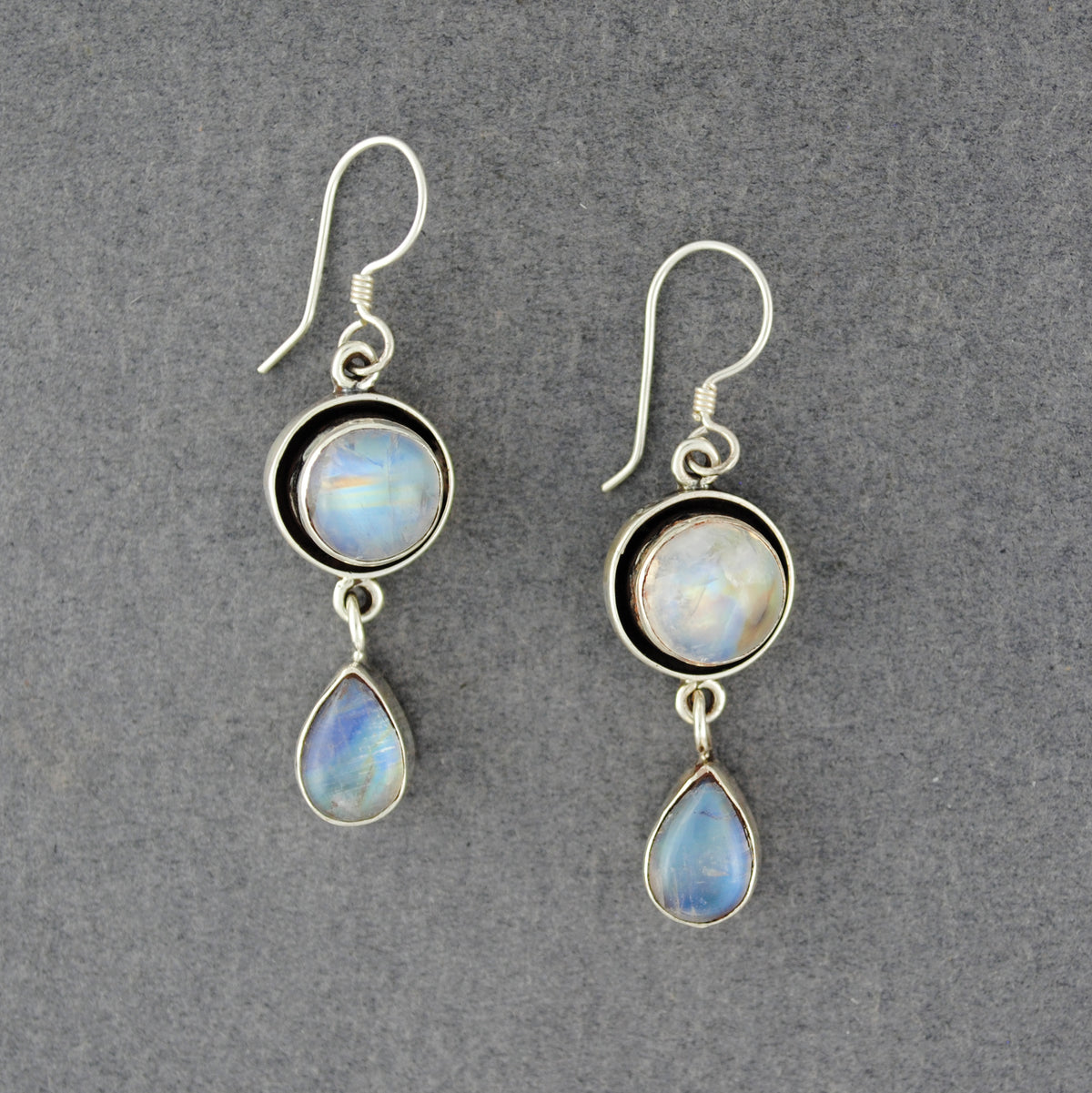 Sterling Silver Rainbow Moonstone Circle & Teardrop Earrings