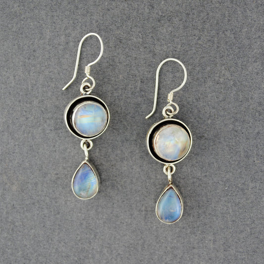 Sterling Silver Rainbow Moonstone Circle & Teardrop Earrings