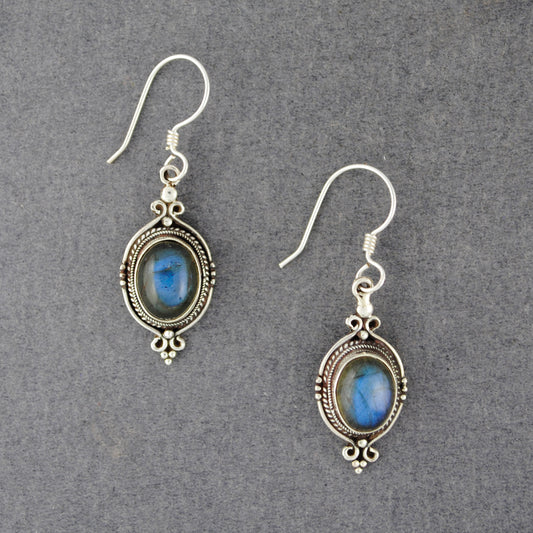 Sterling Silver Labradorite Ornate Oval Earrings