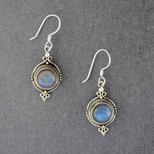 Sterling Silver Labradorite Ornate Circle Earrings
