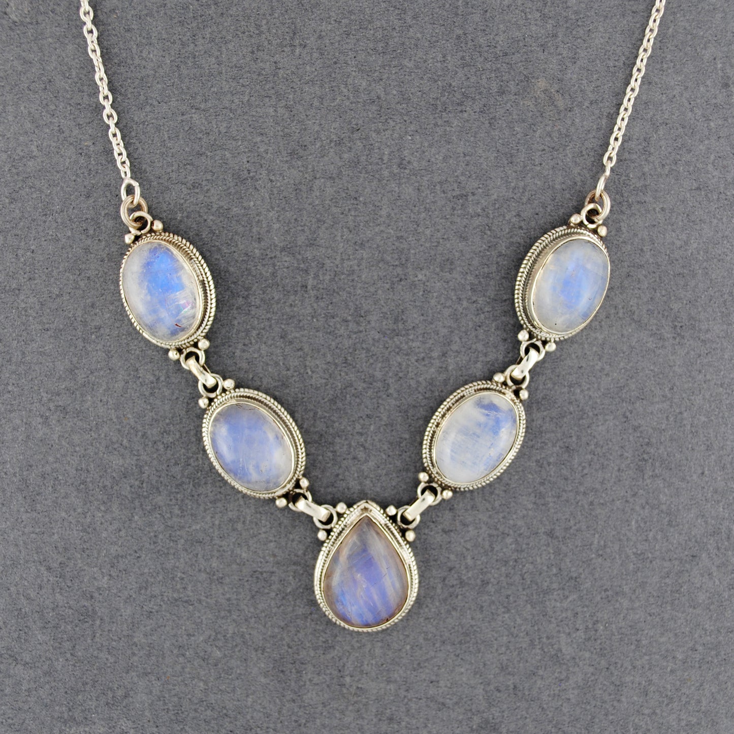 Sterling Silver Rainbow Moonstone 5 Stone Necklace