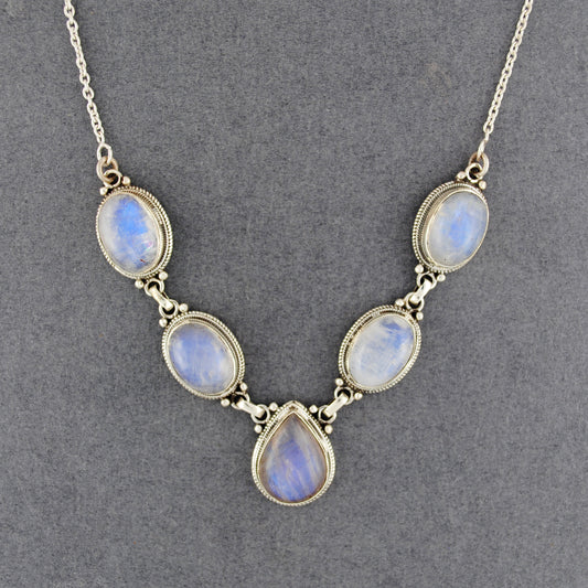 Sterling Silver Rainbow Moonstone 5 Stone Necklace