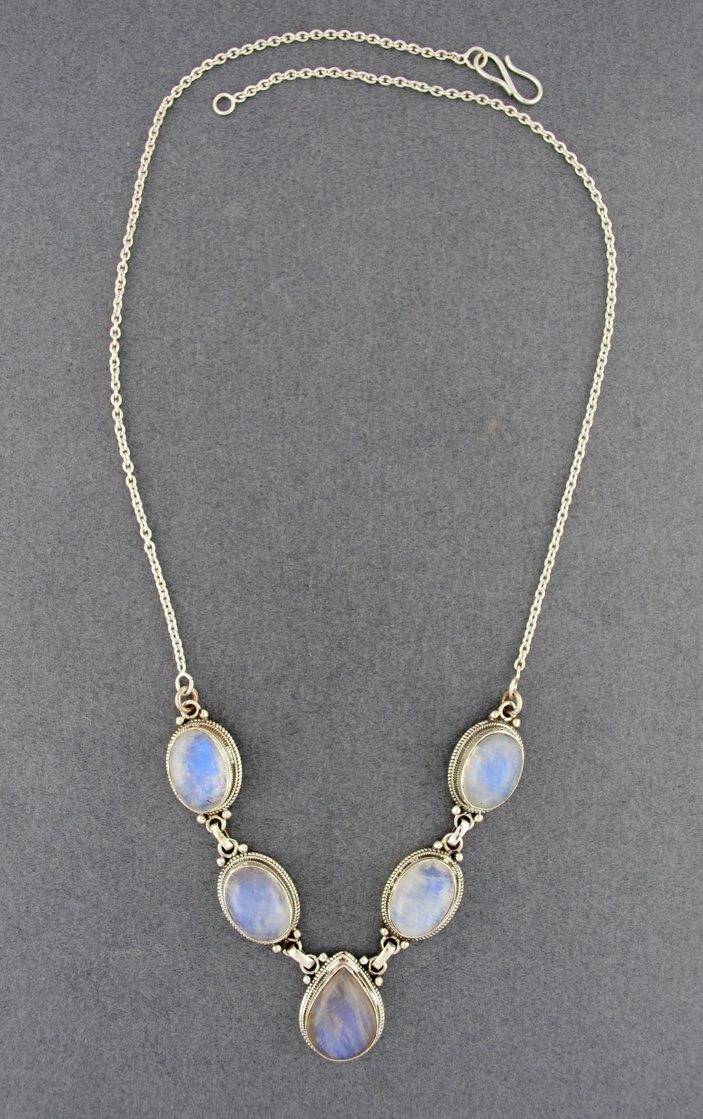 Sterling Silver Rainbow Moonstone 5 Stone Necklace