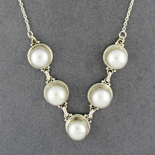 Sterling Silver 5 Stone Pearl Necklace
