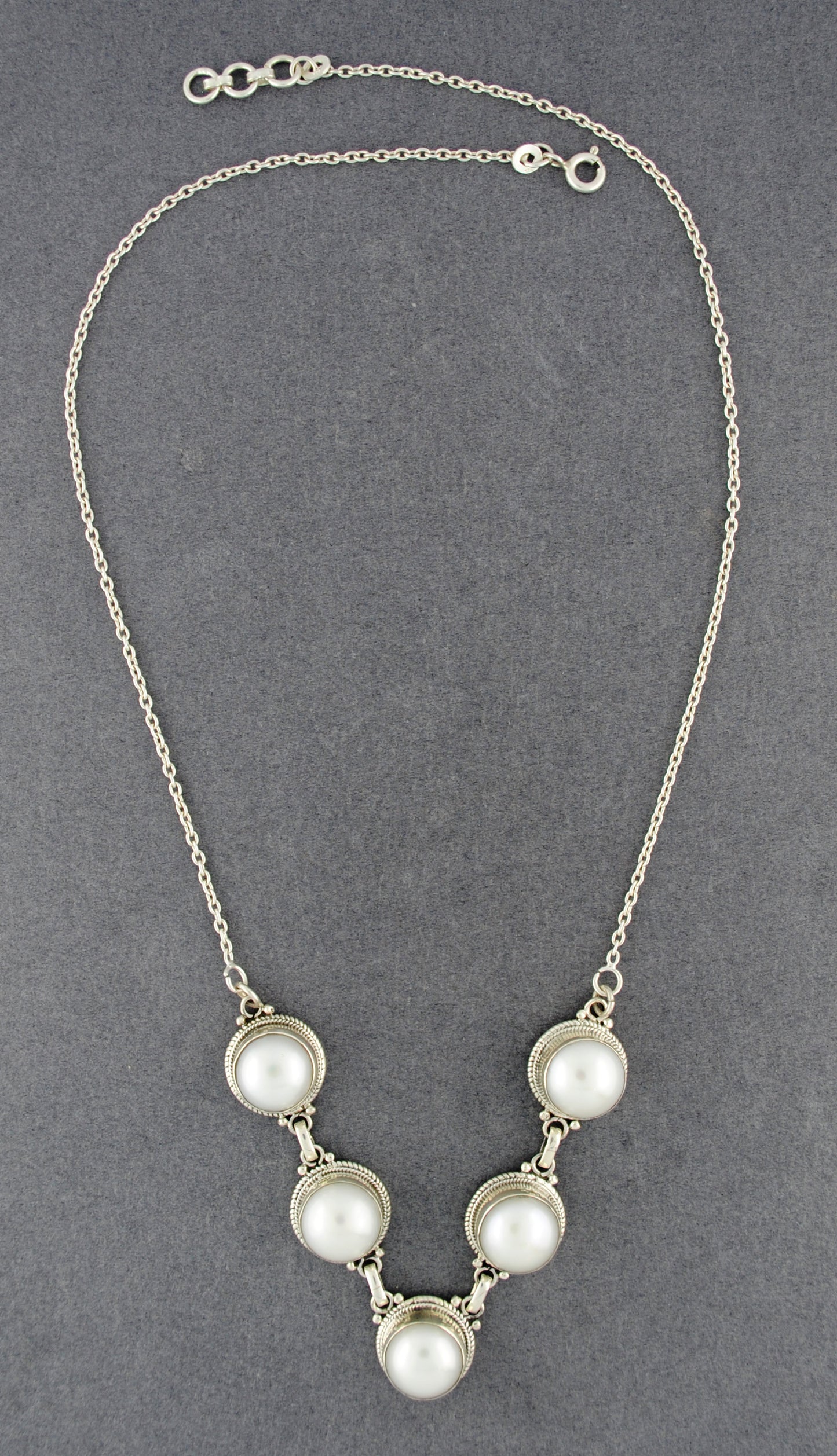 Sterling Silver 5 Stone Pearl Necklace