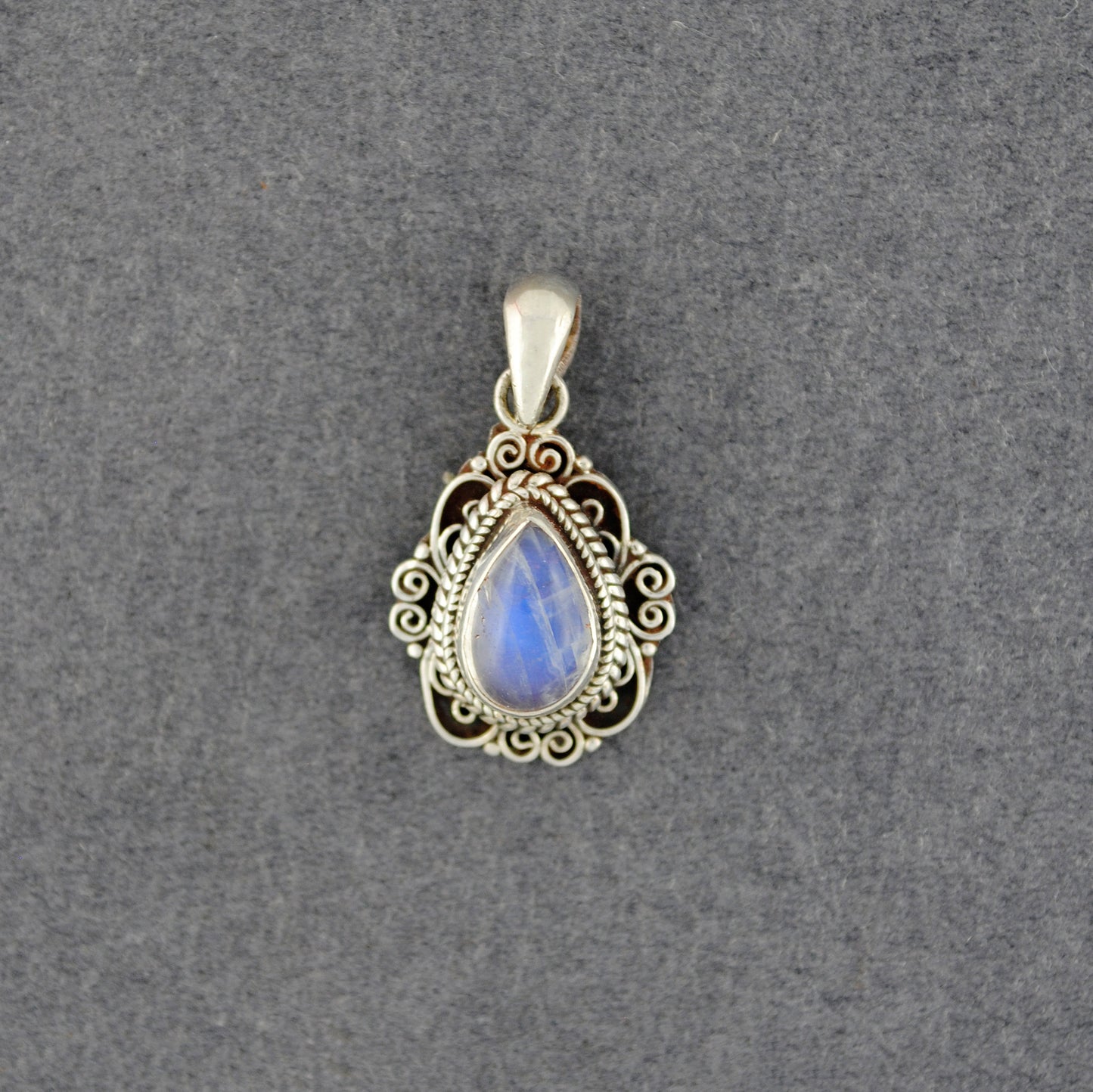 Sterling Silver Rainbow Moonstone Small Antiqued Teardrop Pendant