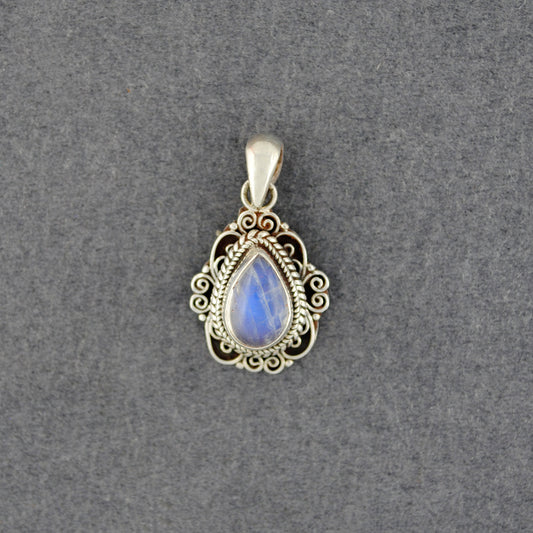 Sterling Silver Rainbow Moonstone Small Antiqued Teardrop Pendant