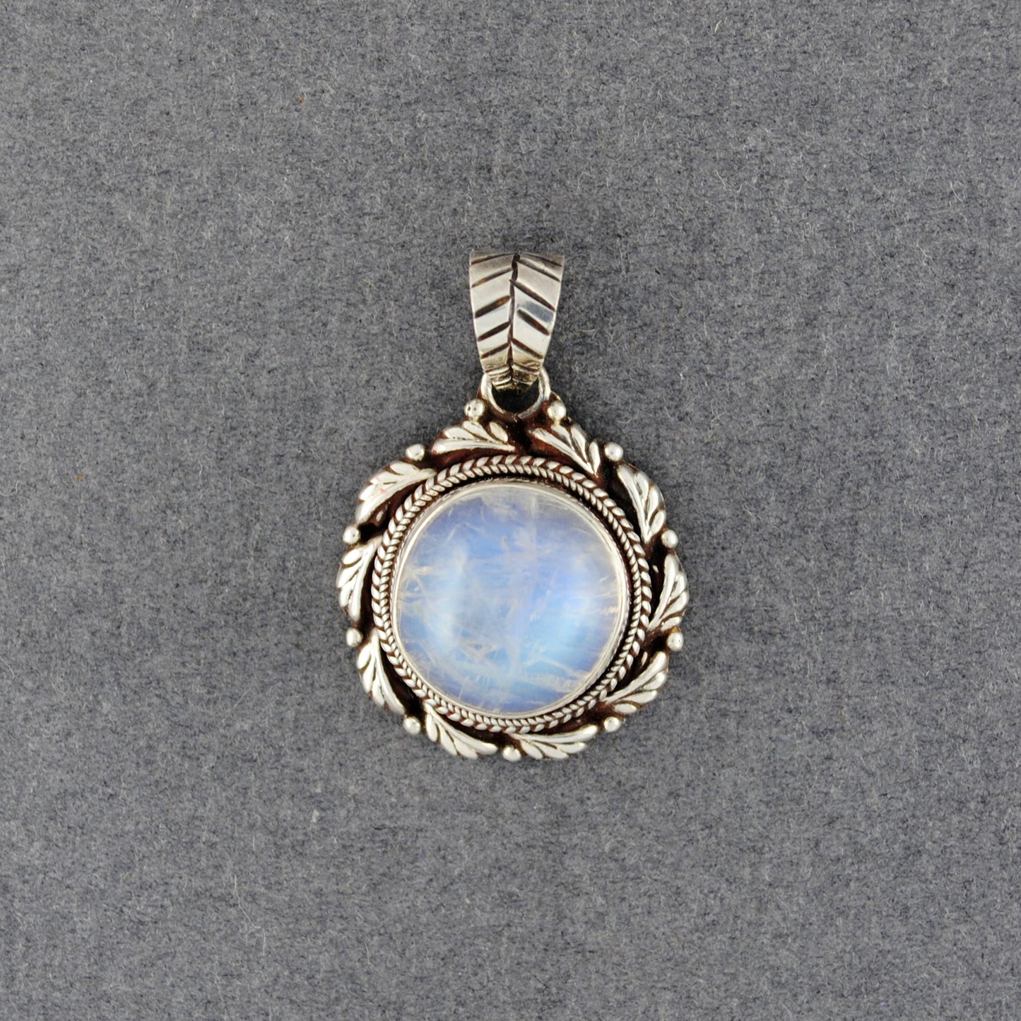 Sterling Silver Rainbow Moonstone with Leaf Border Pendant