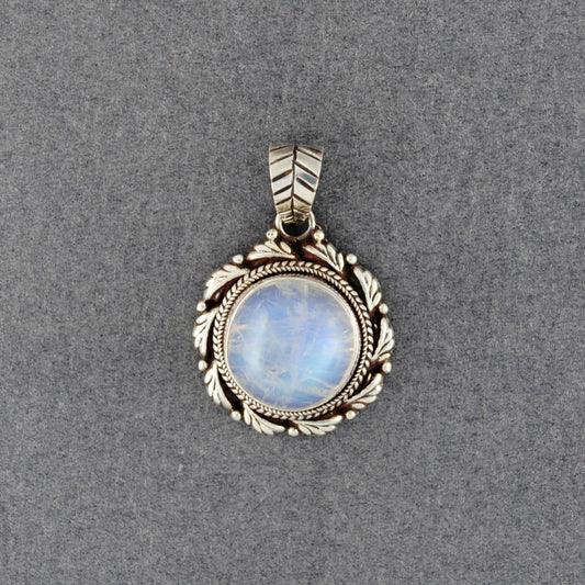 Sterling Silver Rainbow Moonstone with Leaf Border Pendant