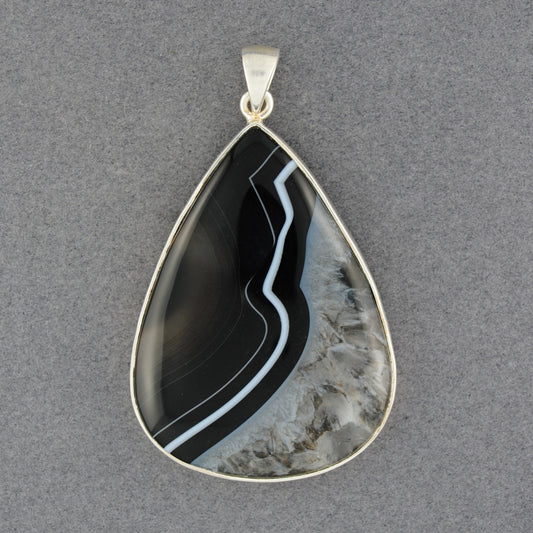 Sterling Silver Agate Black & White Large Teardrop Pendant