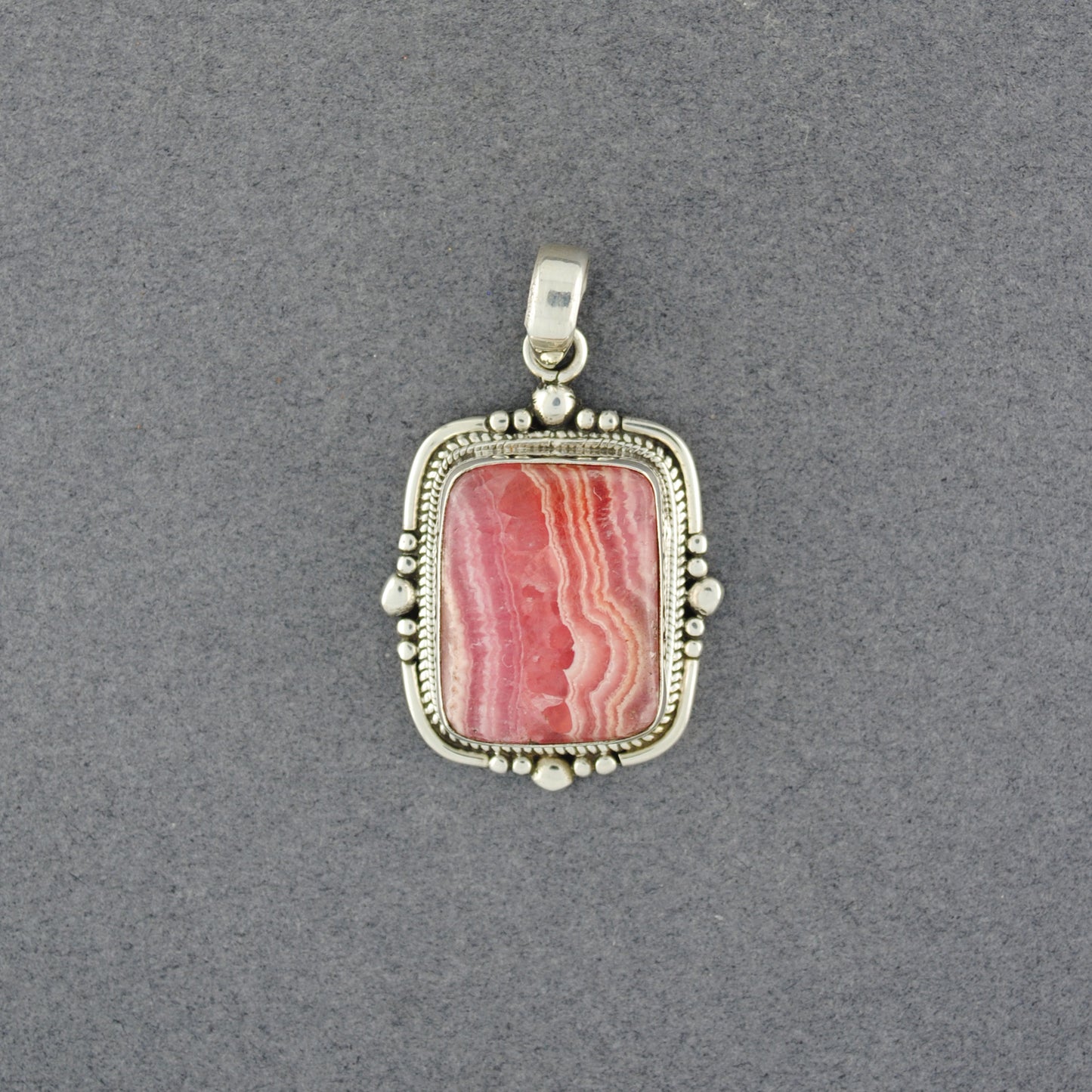 Sterling Silver Rhodocrosite Rectangle Detailed Border Pendant