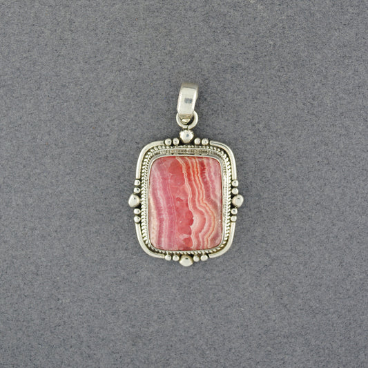 Sterling Silver Rhodocrosite Rectangle Detailed Border Pendant